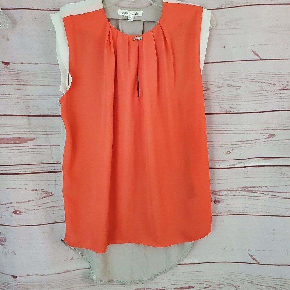Robbi & Nikki Mixed Media Keyhole Blouse Shirt Top High Low Medium